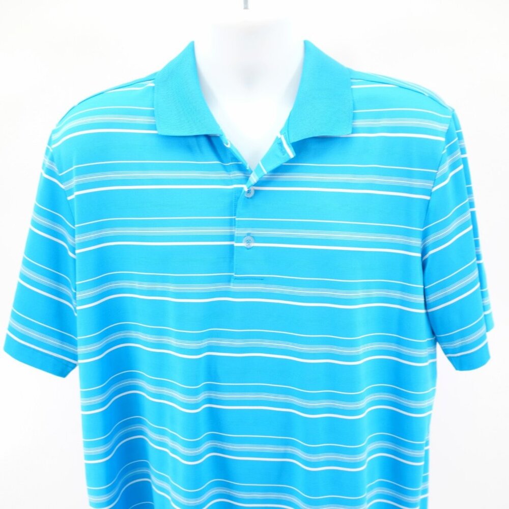 Adidas Puremotion Teal Striped Large Collared Polo‎ Shirt Short Sleeve Polyester